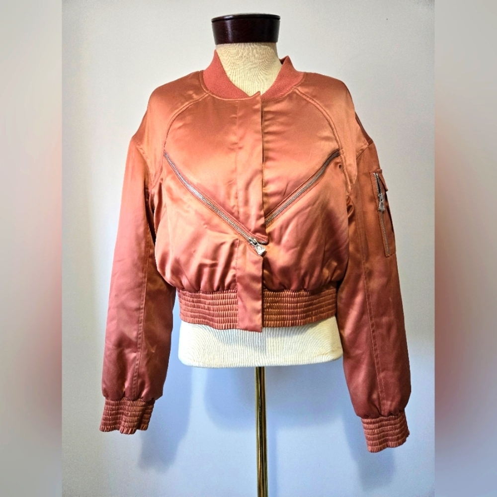 MARCIANO Coral Satin Bomber Jacket With Zippers. NWOT. Size Large
